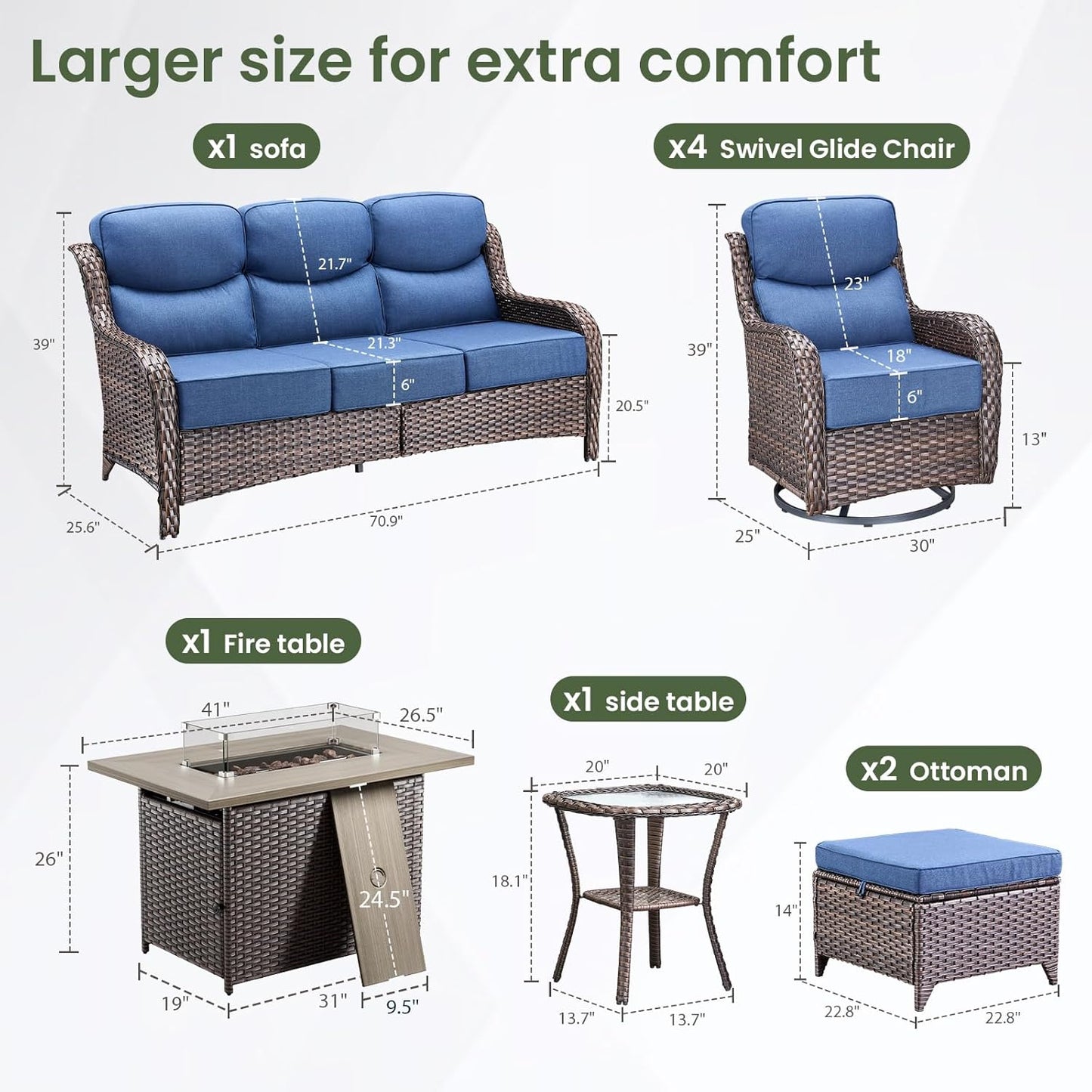 Luxury Patio Furniture Set with 6-Inch Thick Cushion, Outdoor Furniture with Fire Pit Table, Swivel Chairs, Sofa, Side Table, Ottomans, 9Pcs Wicker Conversation Set (Brown Wicker | Blue Cushion)