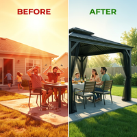 12 Ft. W X 12 Ft. D Aluminum Hardtop Gazebo with Galvanized Double Roof and Textilene Netting — Before & After
