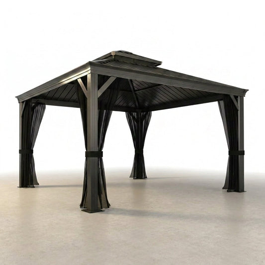12 Ft. W X 12 Ft. D Aluminum Hardtop Gazebo with Galvanized Double Roof and Textilene Netting — Studio Shot