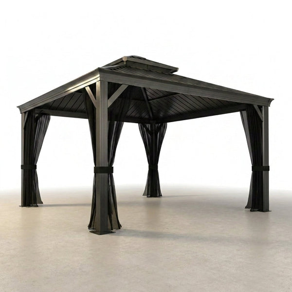 12 Ft. W X 12 Ft. D Aluminum Hardtop Gazebo with Galvanized Double Roof and Textilene Netting — Studio Shot