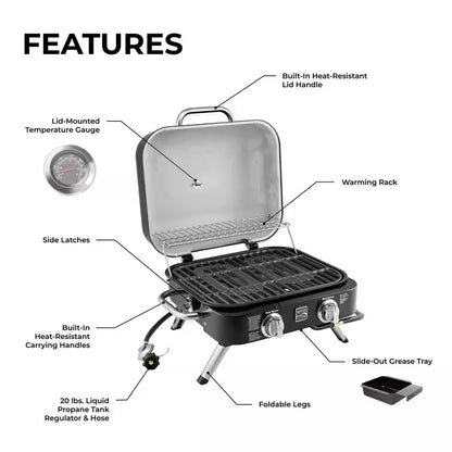 2-Burner Retro Portable Propane Gas Grill in Black