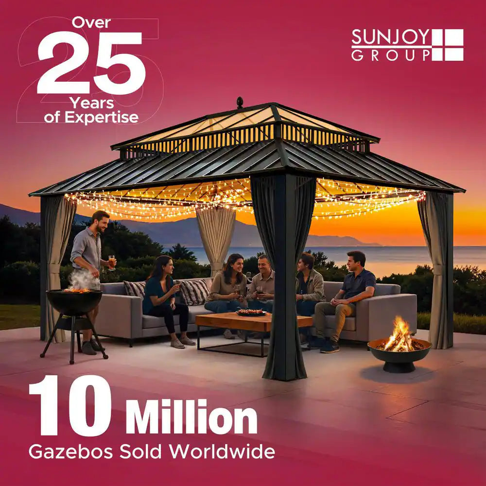 10 Ft. X 12 Ft. Polycarbonate Roof Wall-Mounted Pergola Aluminum and Metal Frame Lean to Gazebo with Curtain and Netting
