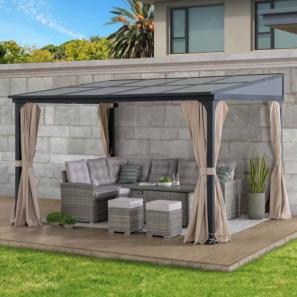 10 Ft. X 12 Ft. Polycarbonate Roof Wall-Mounted Pergola Aluminum and Metal Frame Lean to Gazebo with Curtain and Netting