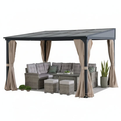 10 Ft. X 12 Ft. Polycarbonate Roof Wall-Mounted Pergola Aluminum and Metal Frame Lean to Gazebo with Curtain and Netting