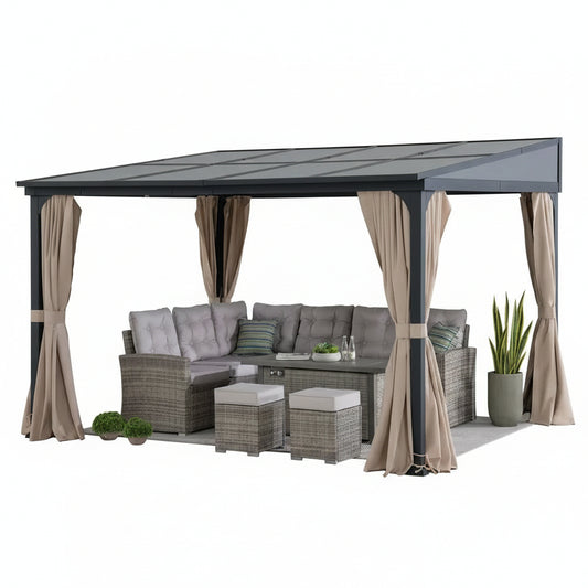 10 Ft. X 12 Ft. Polycarbonate Roof Wall-Mounted Pergola Aluminum and Metal Frame Lean to Gazebo with Curtain and Netting