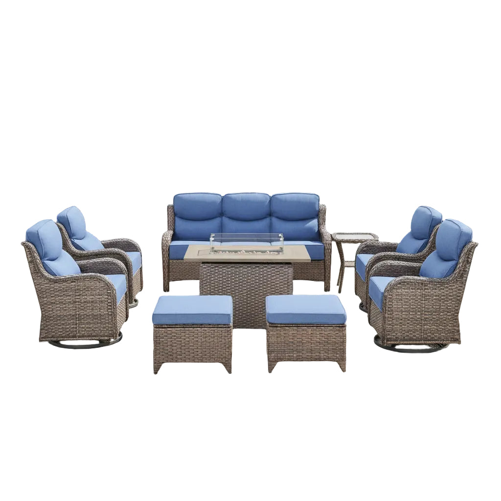 Luxury Patio Furniture Set with 6-Inch Thick Cushion, Outdoor Furniture with Fire Pit Table, Swivel Chairs, Sofa, Side Table, Ottomans, 9Pcs Wicker Conversation Set (Brown Wicker | Blue Cushion)