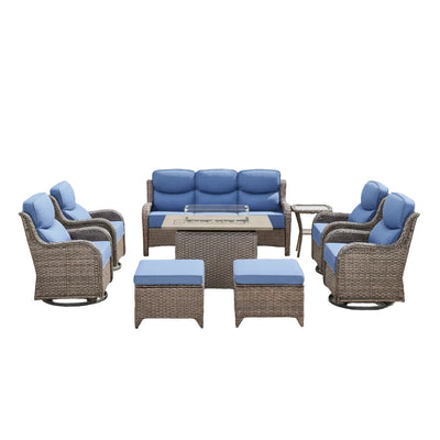 Luxury Patio Furniture Set with 6-Inch Thick Cushion, Outdoor Furniture with Fire Pit Table, Swivel Chairs, Sofa, Side Table, Ottomans, 9Pcs Wicker Conversation Set (Brown Wicker | Blue Cushion)