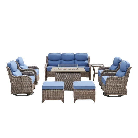 Luxury Patio Furniture Set with 6-Inch Thick Cushion, Outdoor Furniture with Fire Pit Table, Swivel Chairs, Sofa, Side Table, Ottomans, 9Pcs Wicker Conversation Set (Brown Wicker | Blue Cushion)