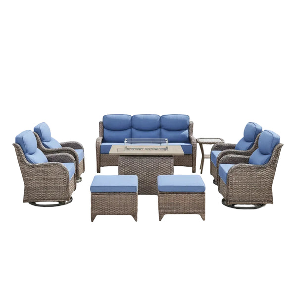 Luxury Patio Furniture Set with 6-Inch Thick Cushion, Outdoor Furniture with Fire Pit Table, Swivel Chairs, Sofa, Side Table, Ottomans, 9Pcs Wicker Conversation Set (Brown Wicker | Blue Cushion)