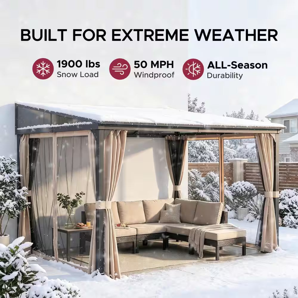 10 Ft. X 12 Ft. Polycarbonate Roof Wall-Mounted Pergola Aluminum and Metal Frame Lean to Gazebo with Curtain and Netting