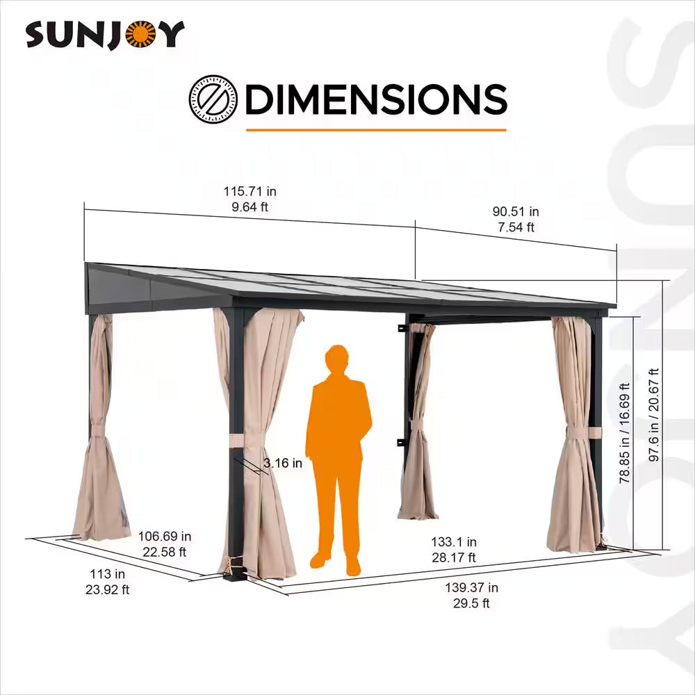 10 Ft. X 12 Ft. Polycarbonate Roof Wall-Mounted Pergola Aluminum and Metal Frame Lean to Gazebo with Curtain and Netting