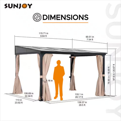 10 Ft. X 12 Ft. Polycarbonate Roof Wall-Mounted Pergola Aluminum and Metal Frame Lean to Gazebo with Curtain and Netting
