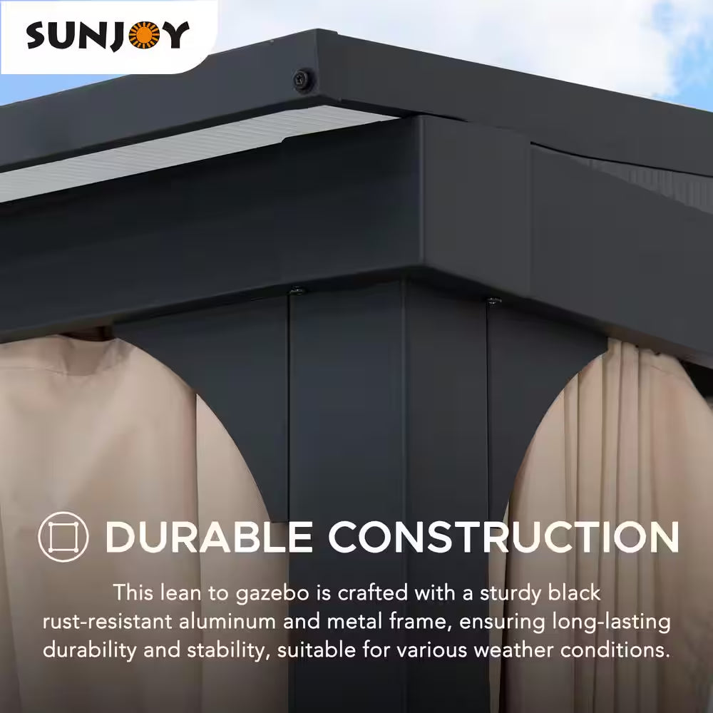 10 Ft. X 12 Ft. Polycarbonate Roof Wall-Mounted Pergola Aluminum and Metal Frame Lean to Gazebo with Curtain and Netting