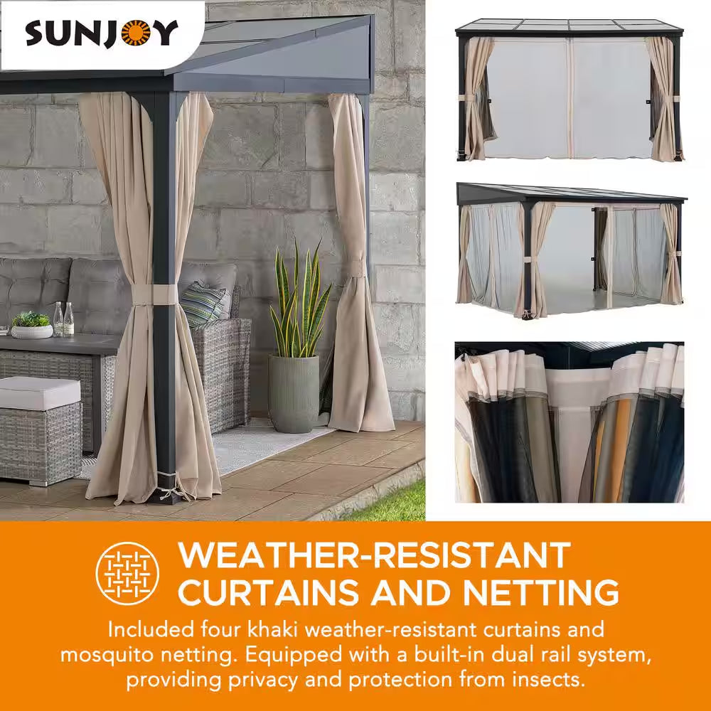 10 Ft. X 12 Ft. Polycarbonate Roof Wall-Mounted Pergola Aluminum and Metal Frame Lean to Gazebo with Curtain and Netting