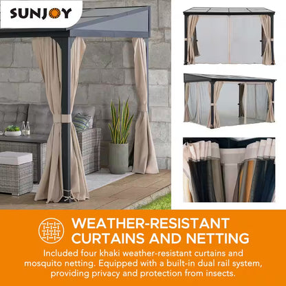 10 Ft. X 12 Ft. Polycarbonate Roof Wall-Mounted Pergola Aluminum and Metal Frame Lean to Gazebo with Curtain and Netting