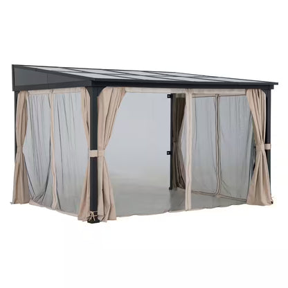 10 Ft. X 12 Ft. Polycarbonate Roof Wall-Mounted Pergola Aluminum and Metal Frame Lean to Gazebo with Curtain and Netting