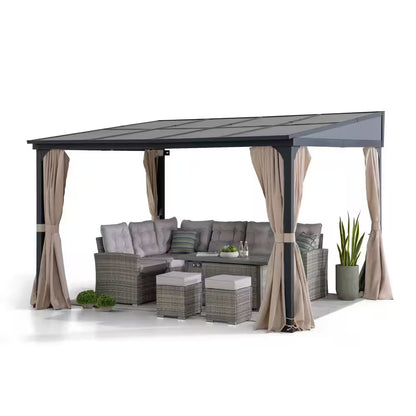 10 Ft. X 12 Ft. Polycarbonate Roof Wall-Mounted Pergola Aluminum and Metal Frame Lean to Gazebo with Curtain and Netting
