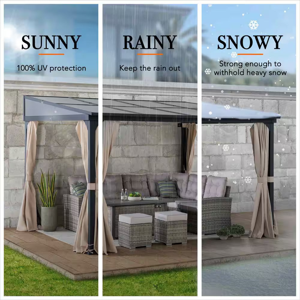 10 Ft. X 12 Ft. Polycarbonate Roof Wall-Mounted Pergola Aluminum and Metal Frame Lean to Gazebo with Curtain and Netting