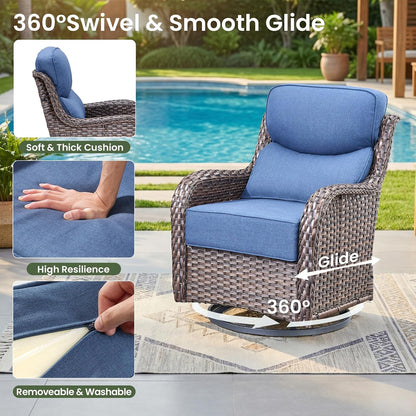 Luxury Patio Furniture Set with 6-Inch Thick Cushion, Outdoor Furniture with Fire Pit Table, Swivel Chairs, Sofa, Side Table, Ottomans, 9Pcs Wicker Conversation Set (Brown Wicker | Blue Cushion)