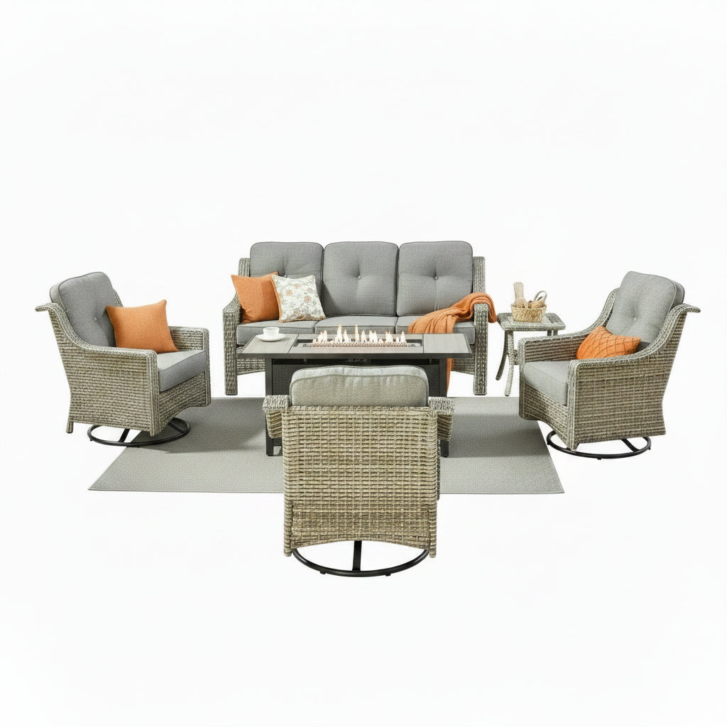 7 PCS Outdoor Patio Furniture Set with Fire Pit Table and Swivel Rocking Chairs,Patio Seating outside Sofa and Chair Set,All Weather Wicker Outdoor Conversation Sets for Yard Porch Deck,Dark Grey