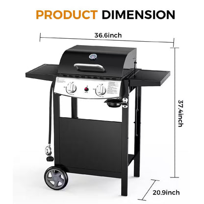 2 Burner Stainless Steel Portable Propane Gas Grill in Black